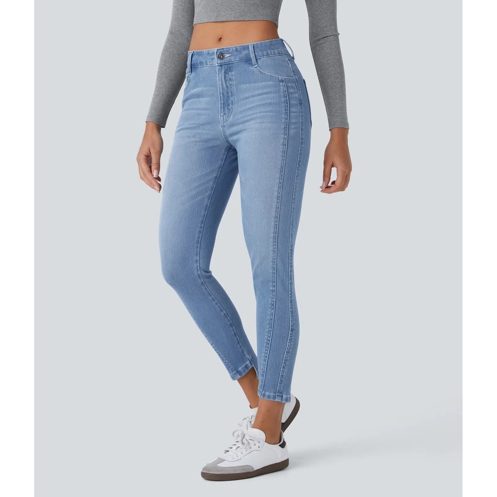 Halara Flex Mid Rise Zipper Pocket Stretch‎ Skinny Blue Jeans 2X Asymmetric Hem